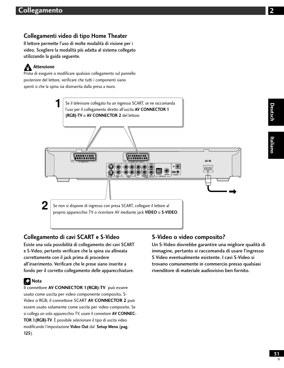 Collegamenti video di tipo home theater, 2collegamento, Collegamento di cavi scart e s-video | S-video o video composito, Deut sch it aliano | Pioneer DV-646A User Manual | Page 31 / 180