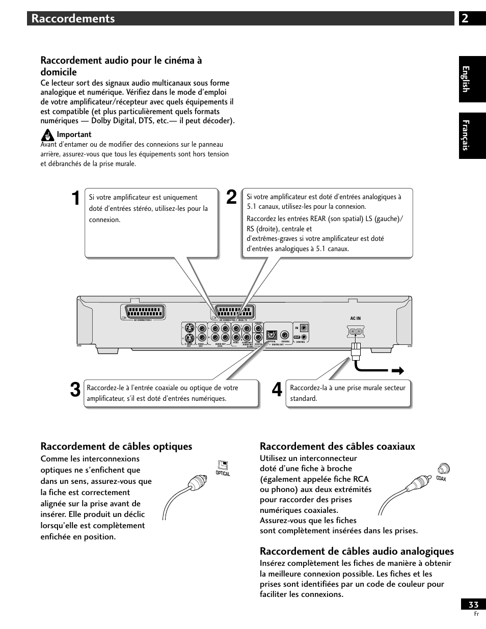 Raccordement audio pour le cinéma à domicile, 2raccordements, Raccordement de câbles optiques | Raccordement des câbles coaxiaux, Raccordement de câbles audio analogiques, English fr ançais | Pioneer DV-646A User Manual | Page 33 / 180