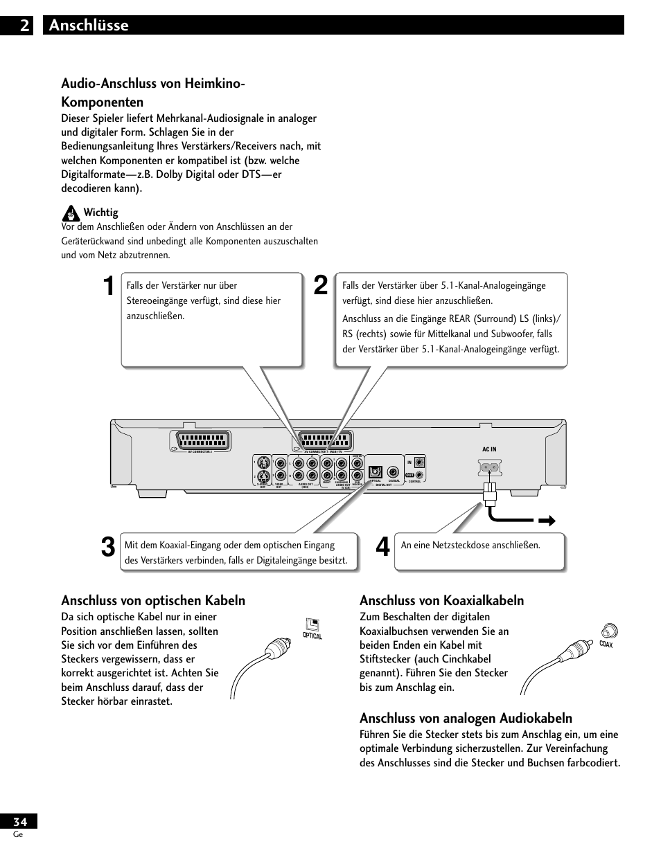 Audio-anschluss von heimkino-komponenten, Anschlüsse 2, Audio-anschluss von heimkino- komponenten | Anschluss von optischen kabeln, Anschluss von koaxialkabeln, Anschluss von analogen audiokabeln | Pioneer DV-646A User Manual | Page 34 / 180