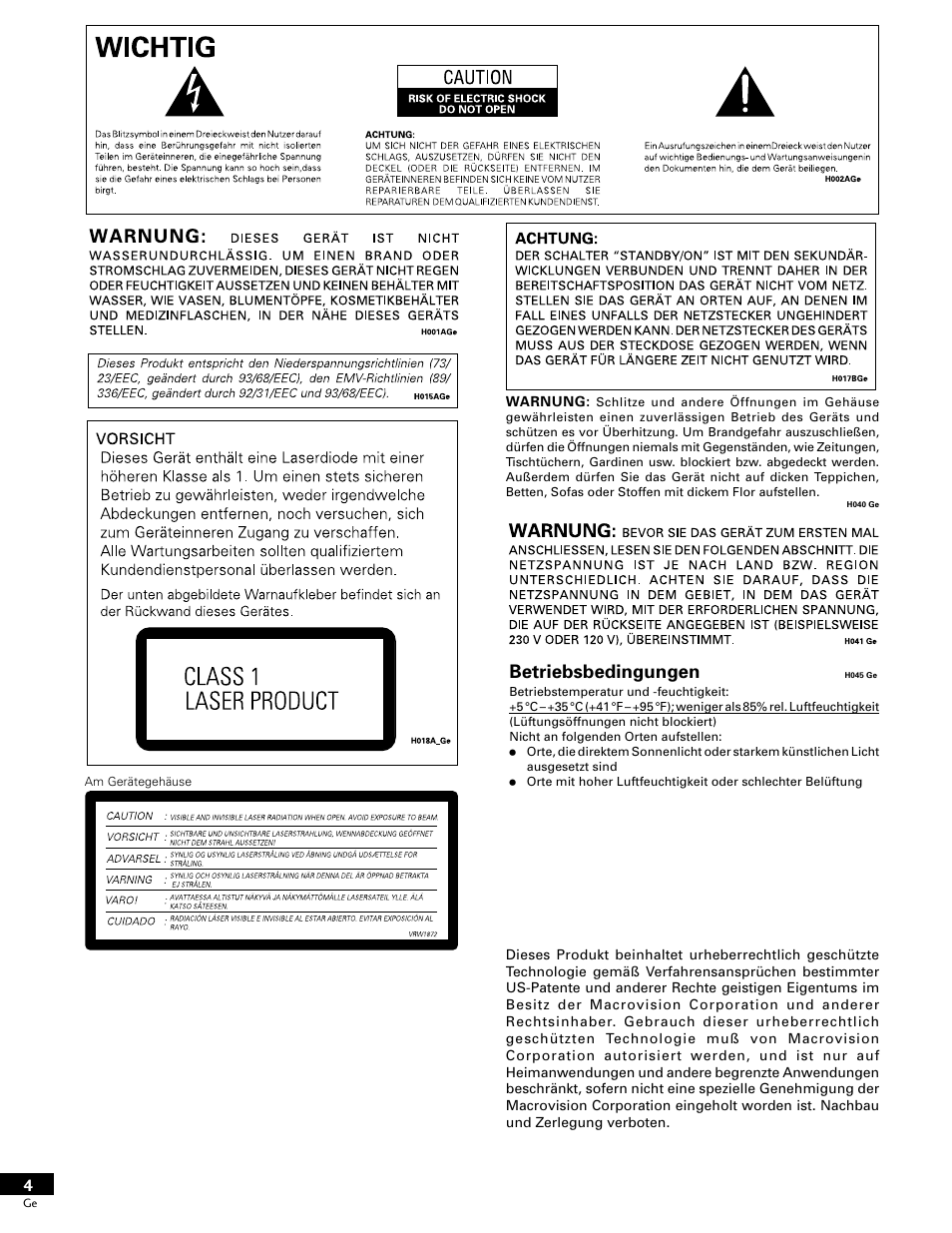 Betriebsbedingungen | Pioneer DV-646A User Manual | Page 4 / 180