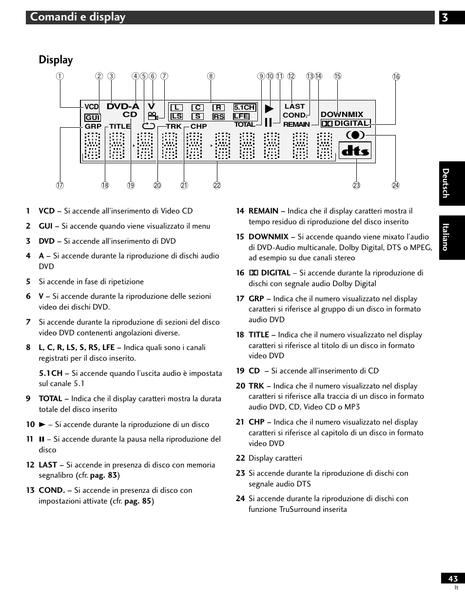 Display, 3comandi e display | Pioneer DV-646A User Manual | Page 43 / 180