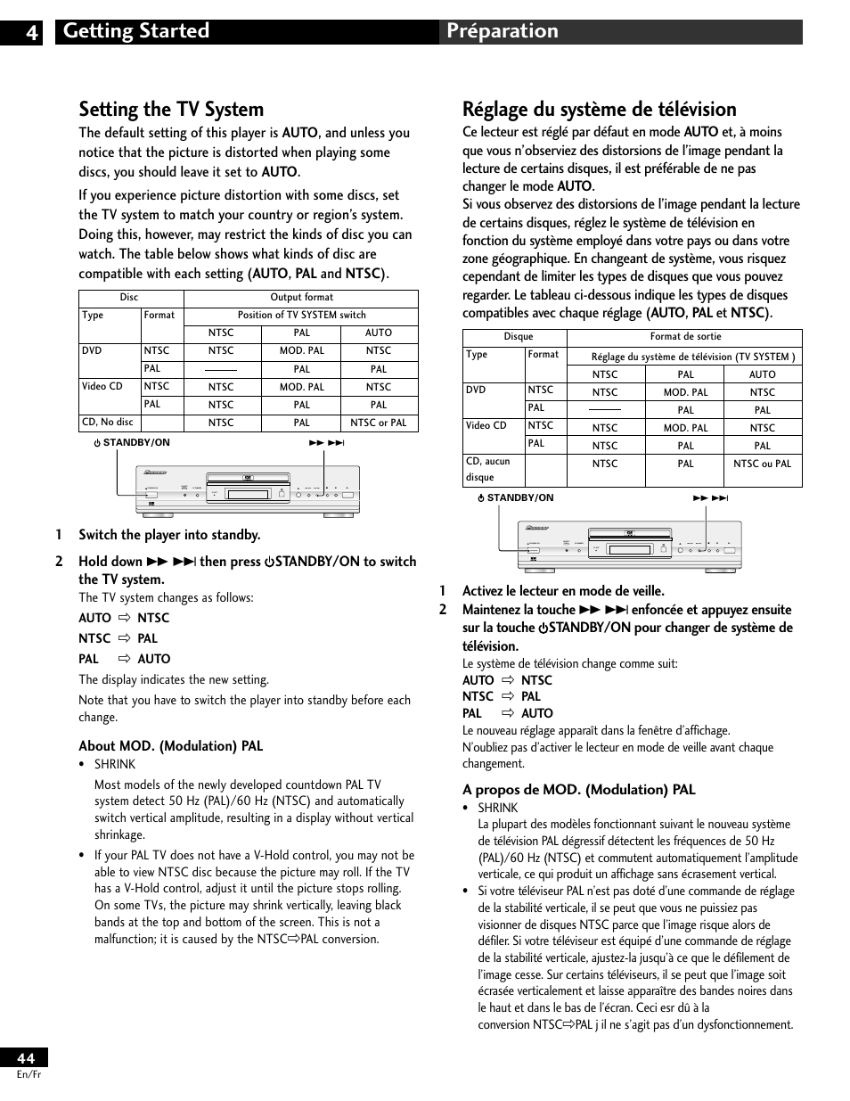 Setting the tv system, Réglage du système de télévision, About mod. (modulation) pal | A propos de mod. (modulation) pal | Pioneer DV-646A User Manual | Page 44 / 180