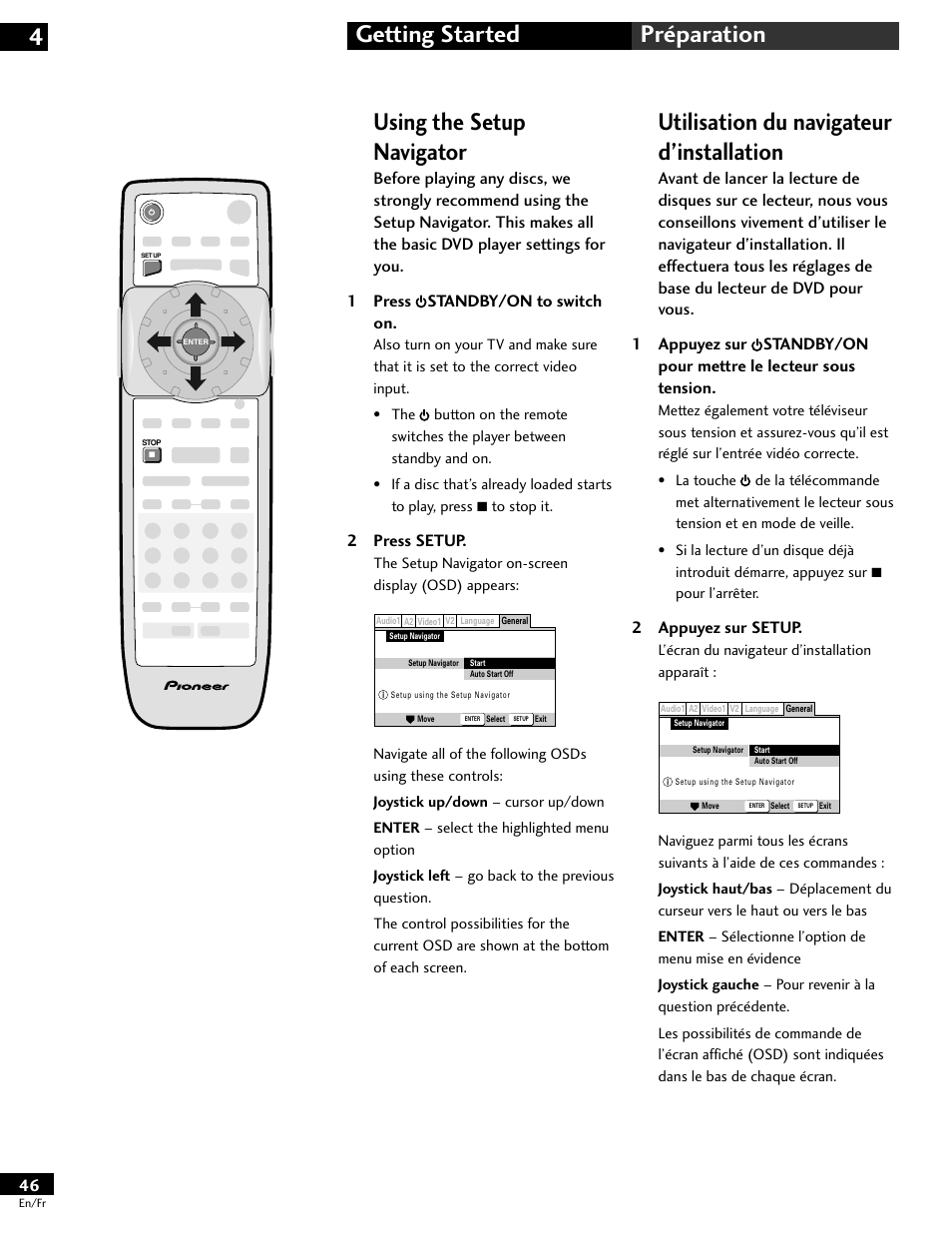 Using the setup navigator, Utilisation du navigateur d’installation, Getting started 4 préparation | 2 appuyez sur setup, 2 press setup | Pioneer DV-646A User Manual | Page 46 / 180