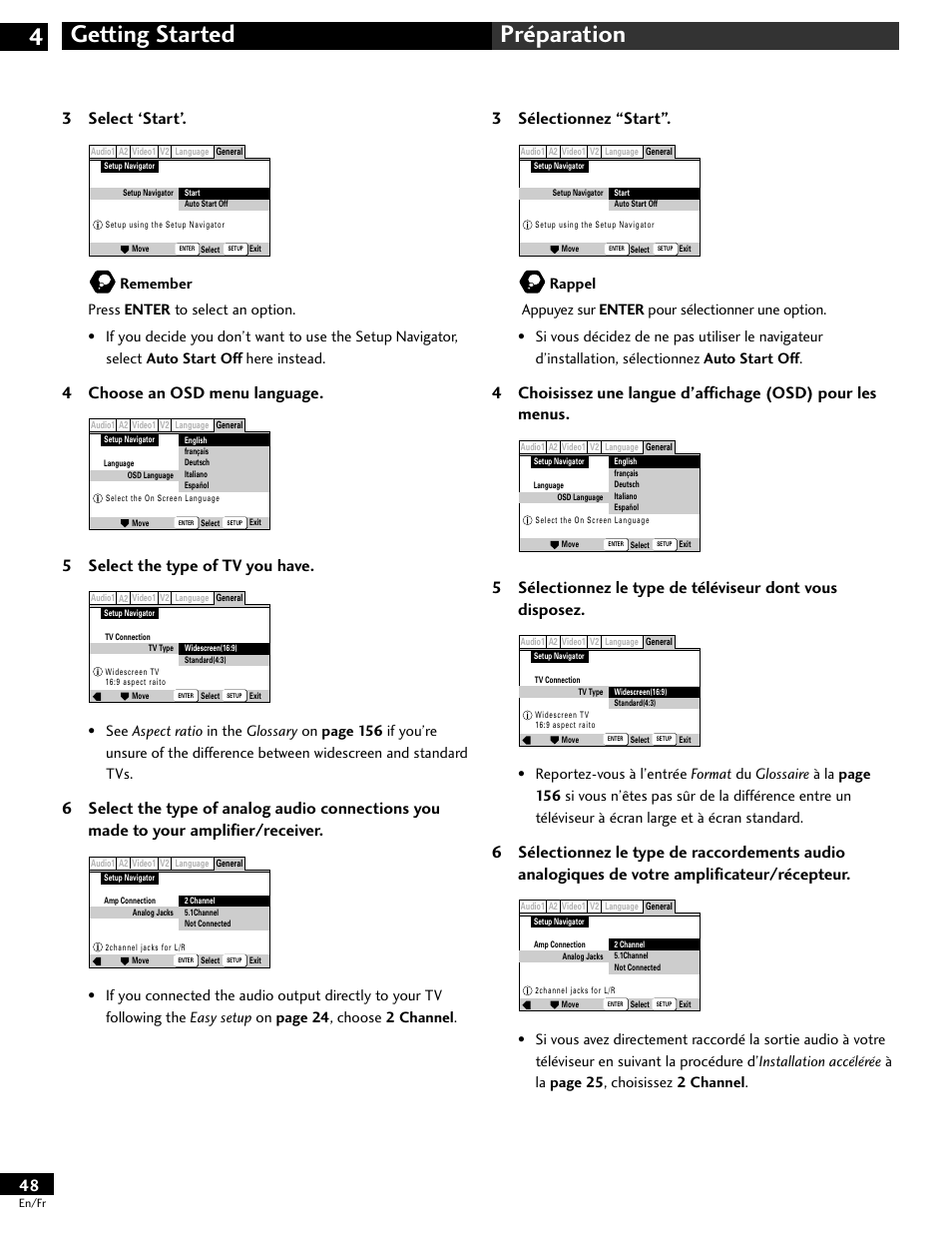 Getting started 4 préparation, 3 sélectionnez “start, 3 select ‘start | 4 choose an osd menu language, 5 select the type of tv you have | Pioneer DV-646A User Manual | Page 48 / 180