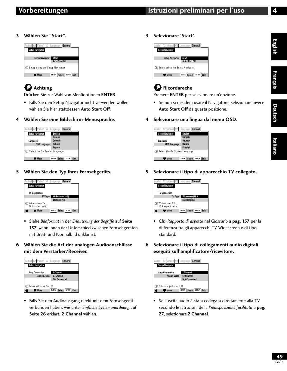 4vorbereitungen istruzioni preliminari per l’uso, English fr ançais deut sch it aliano, 3 wählen sie “start | Achtung, 4 wählen sie eine bildschirm-menüsprache, 5 wählen sie den typ ihres fernsehgeräts, 3 selezionare ‘start, Ricordareche, 4 selezionare una lingua dal menu osd, 5 selezionare il tipo di apparecchio tv collegato | Pioneer DV-646A User Manual | Page 49 / 180
