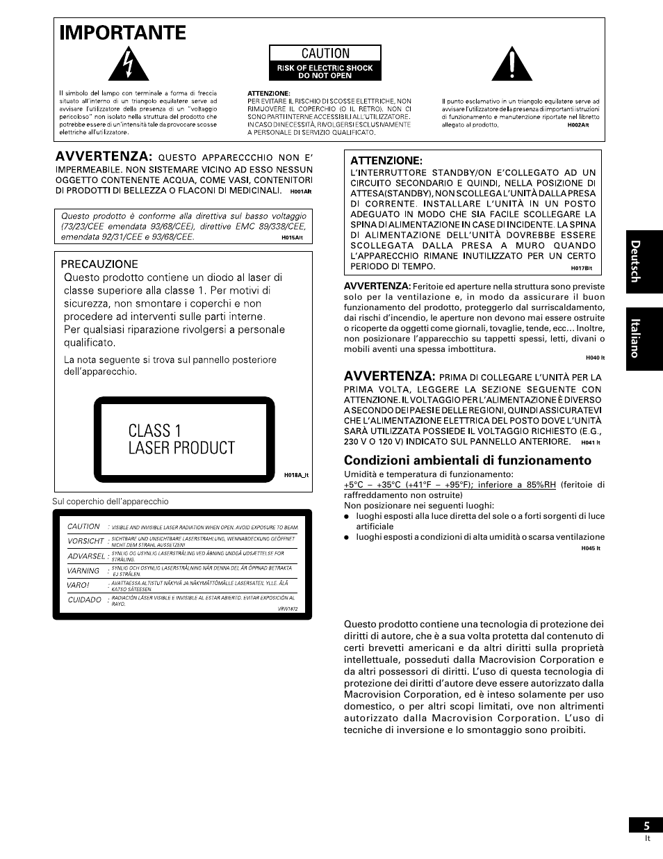 Deut sch it aliano, Condizioni ambientali di funzionamento | Pioneer DV-646A User Manual | Page 5 / 180