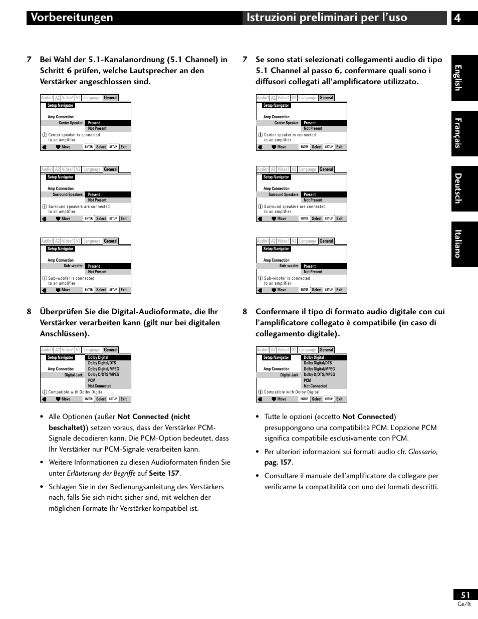 4vorbereitungen istruzioni preliminari per l’uso, English fr ançais deut sch it aliano | Pioneer DV-646A User Manual | Page 51 / 180