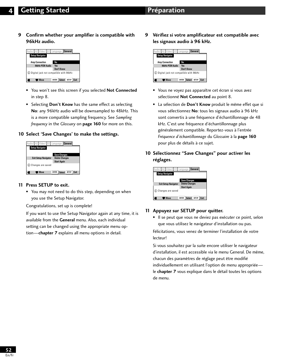 Getting started 4 préparation, 11 appuyez sur setup pour quitter, 10 select ‘save changes’ to make the settings | 11 press setup to exit | Pioneer DV-646A User Manual | Page 52 / 180