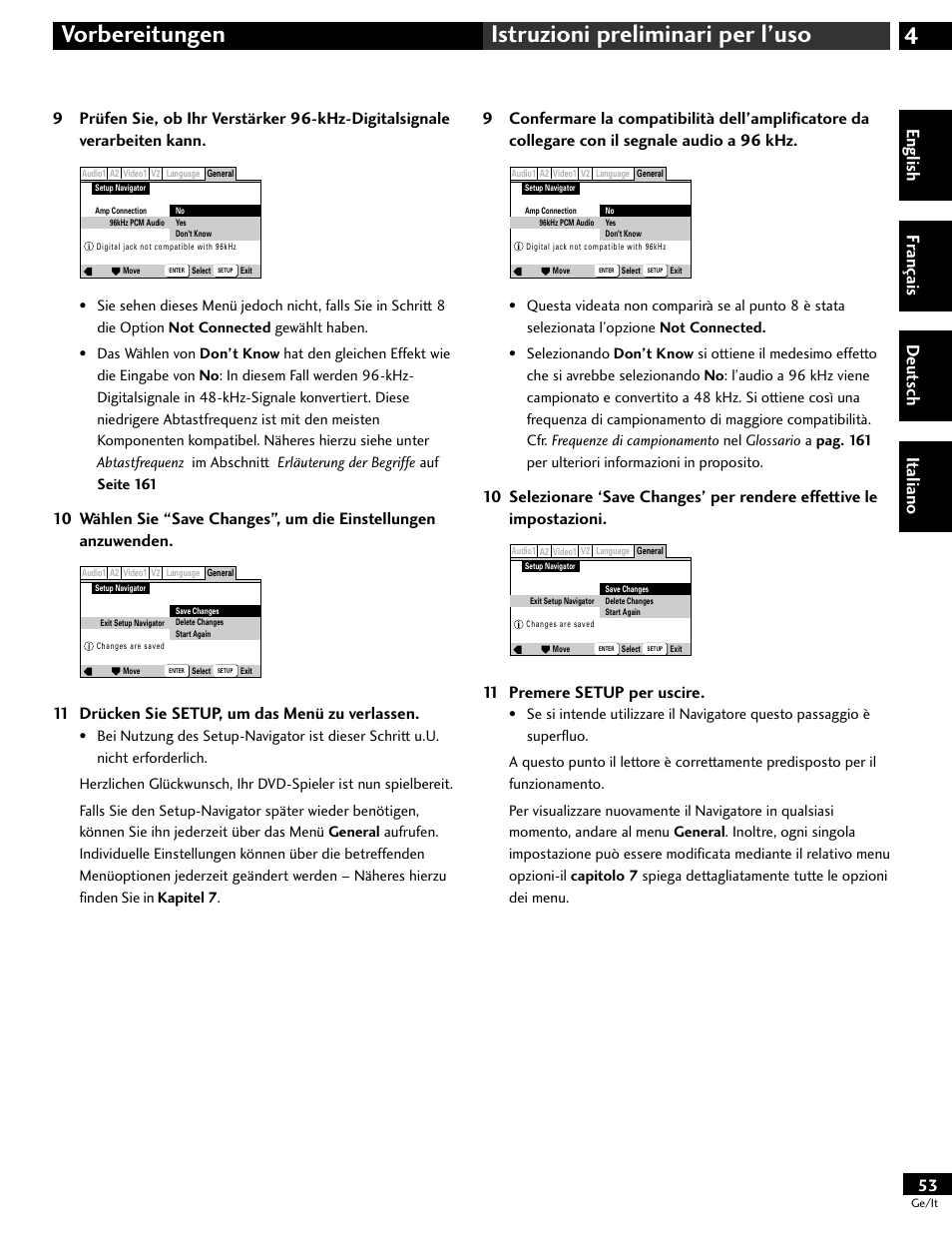 4vorbereitungen istruzioni preliminari per l’uso, English fr ançais deut sch it aliano, 11 drücken sie setup, um das menü zu verlassen | 11 premere setup per uscire | Pioneer DV-646A User Manual | Page 53 / 180