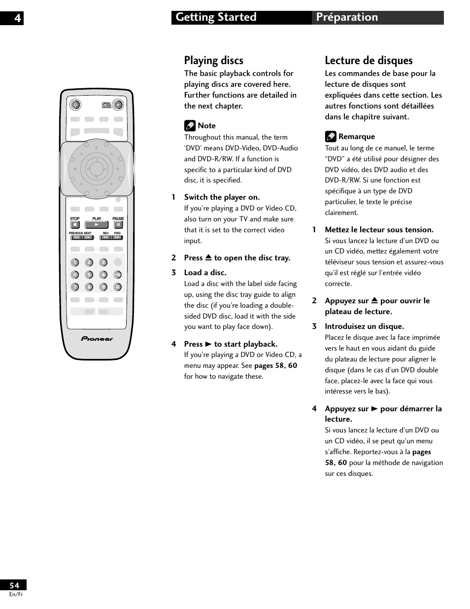 Playing discs, Lecture de disques, Getting started 4 préparation | 1 mettez le lecteur sous tension, 4 appuyez sur 3 pour démarrer la lecture, 1 switch the player on, 2 press 0 to open the disc tray. 3 load a disc, 4 press 3 to start playback | Pioneer DV-646A User Manual | Page 54 / 180