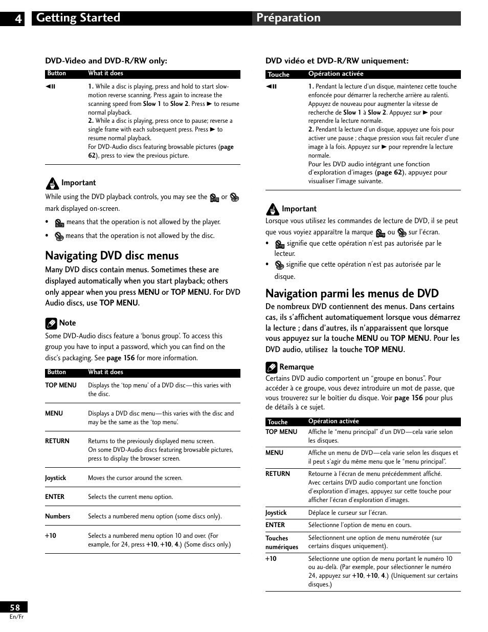 Navigating dvd disc menus, Navigation parmi les menus de dvd, Getting started 4 préparation | Pioneer DV-646A User Manual | Page 58 / 180