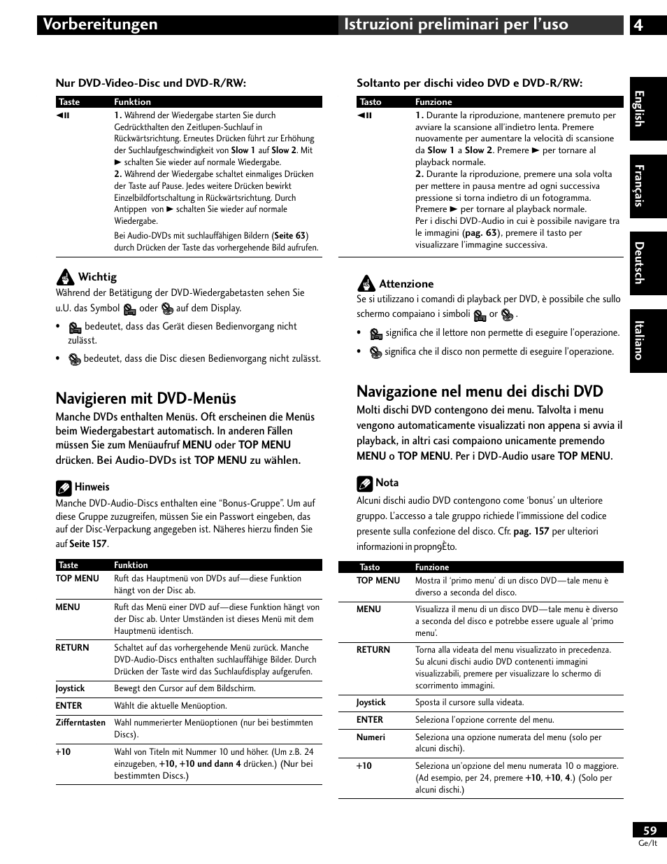 Navigieren mit dvd-menüs, Navigazione nel menu dei dischi dvd, 4vorbereitungen istruzioni preliminari per l’uso | Pioneer DV-646A User Manual | Page 59 / 180