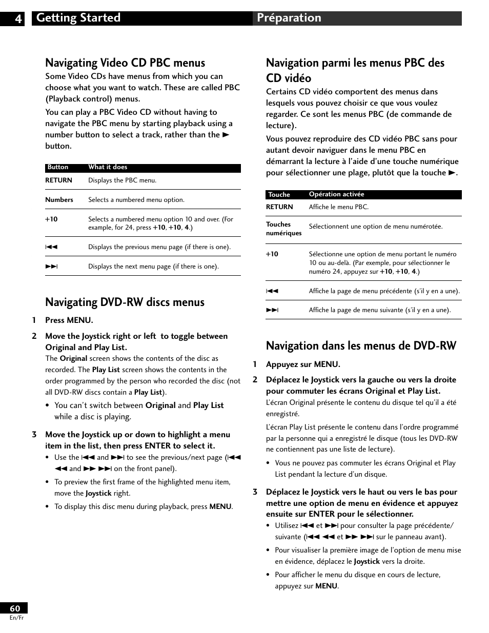 Navigating video cd pbc menus, Navigating dvd-rw discs menus, Navigation parmi les menus pbc des cd vidéo | Navigation dans les menus de dvd-rw | Pioneer DV-646A User Manual | Page 60 / 180