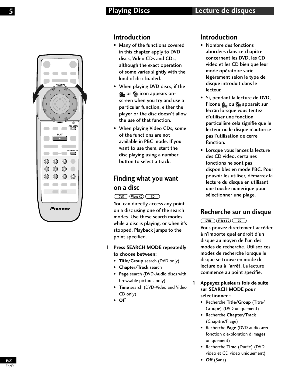 Introduction, Finding what you want on a disc, Recherche sur un disque | Playing discs 5 lecture de disques | Pioneer DV-646A User Manual | Page 62 / 180