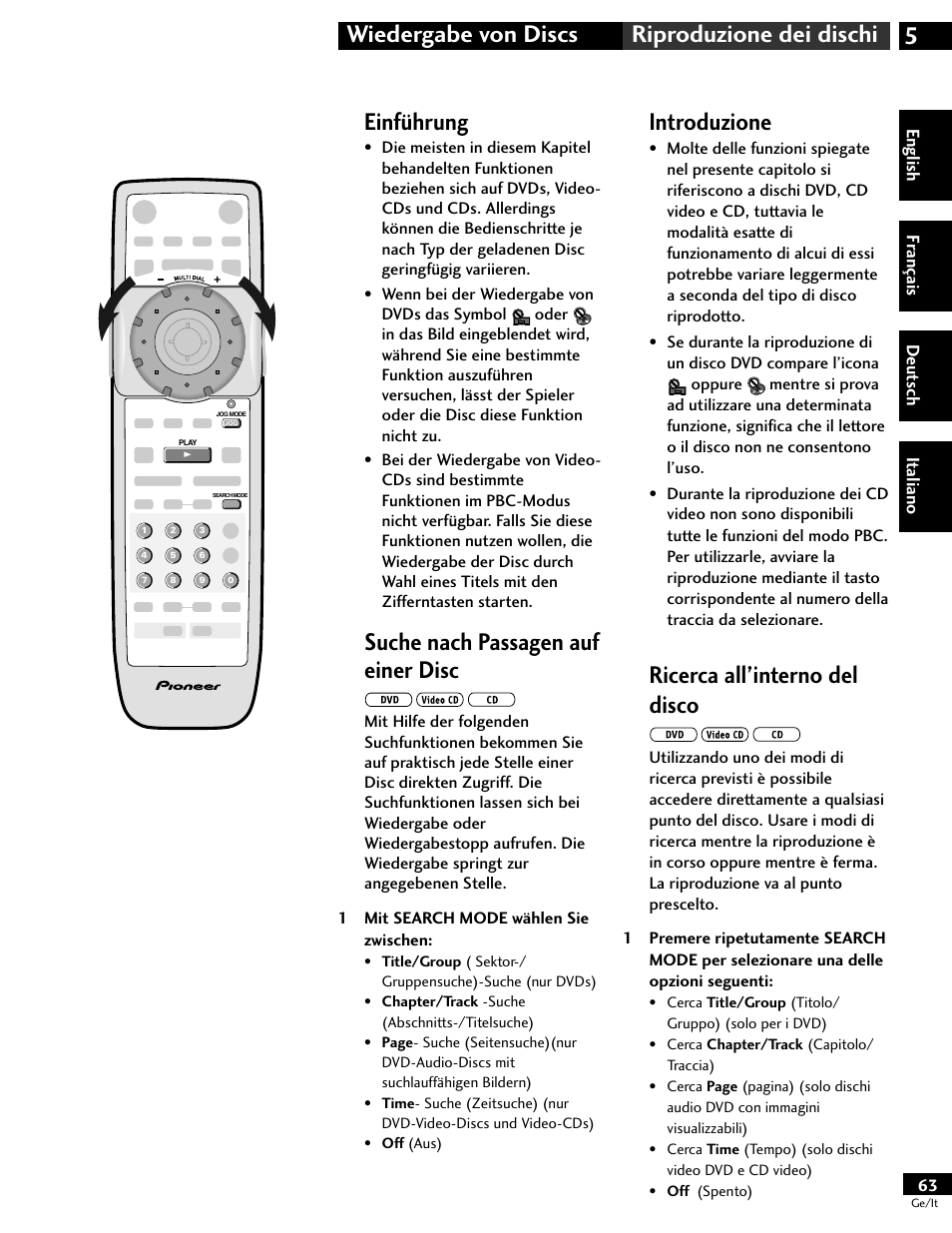 Einführung, Suche nach passagen auf einer disc, Introduzione | Ricerca all’interno del disco, 5wiedergabe von discs riproduzione dei dischi | Pioneer DV-646A User Manual | Page 63 / 180