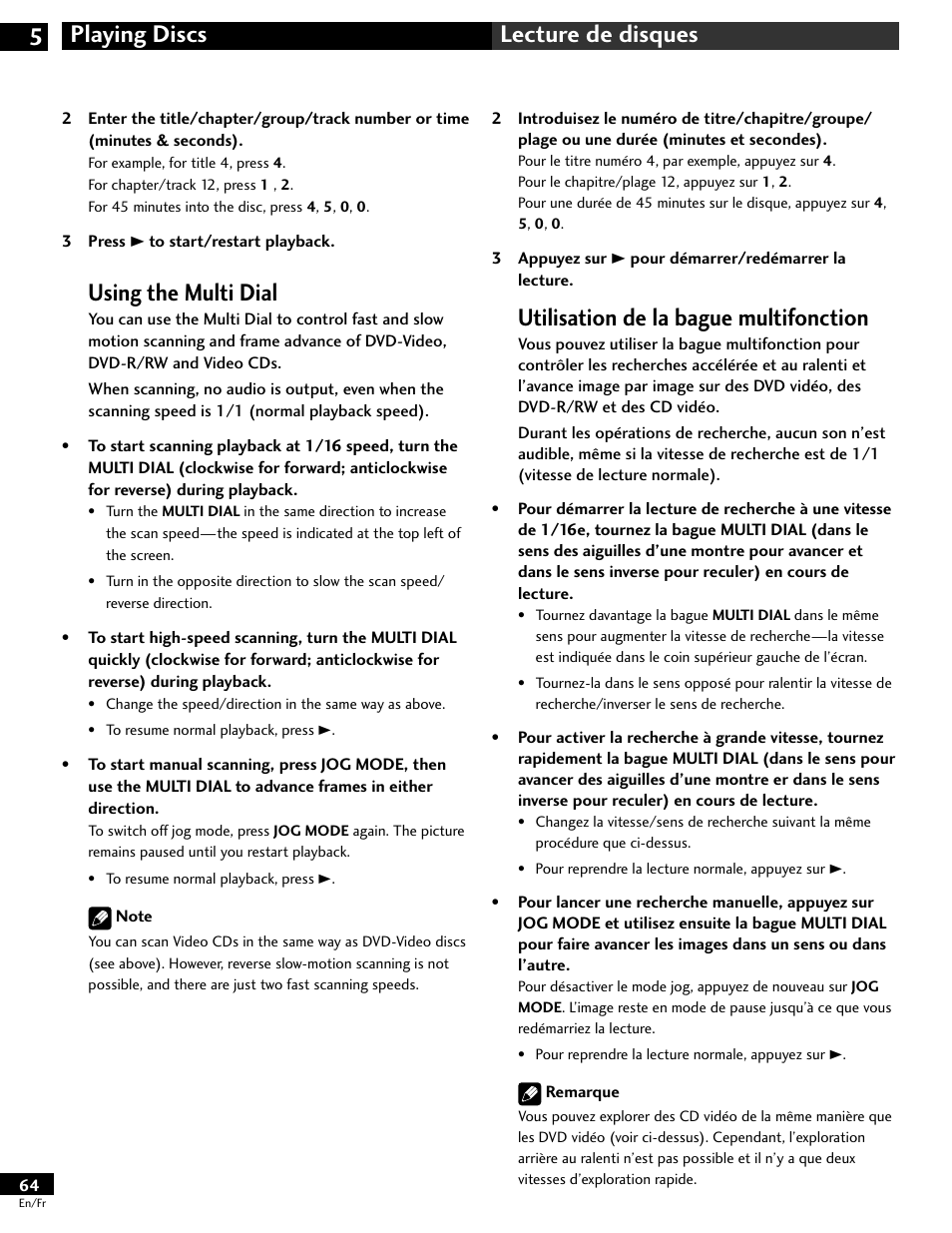 Using the multi dial, Utilisation de la bague multifonction, Playing discs 5 lecture de disques | Pioneer DV-646A User Manual | Page 64 / 180