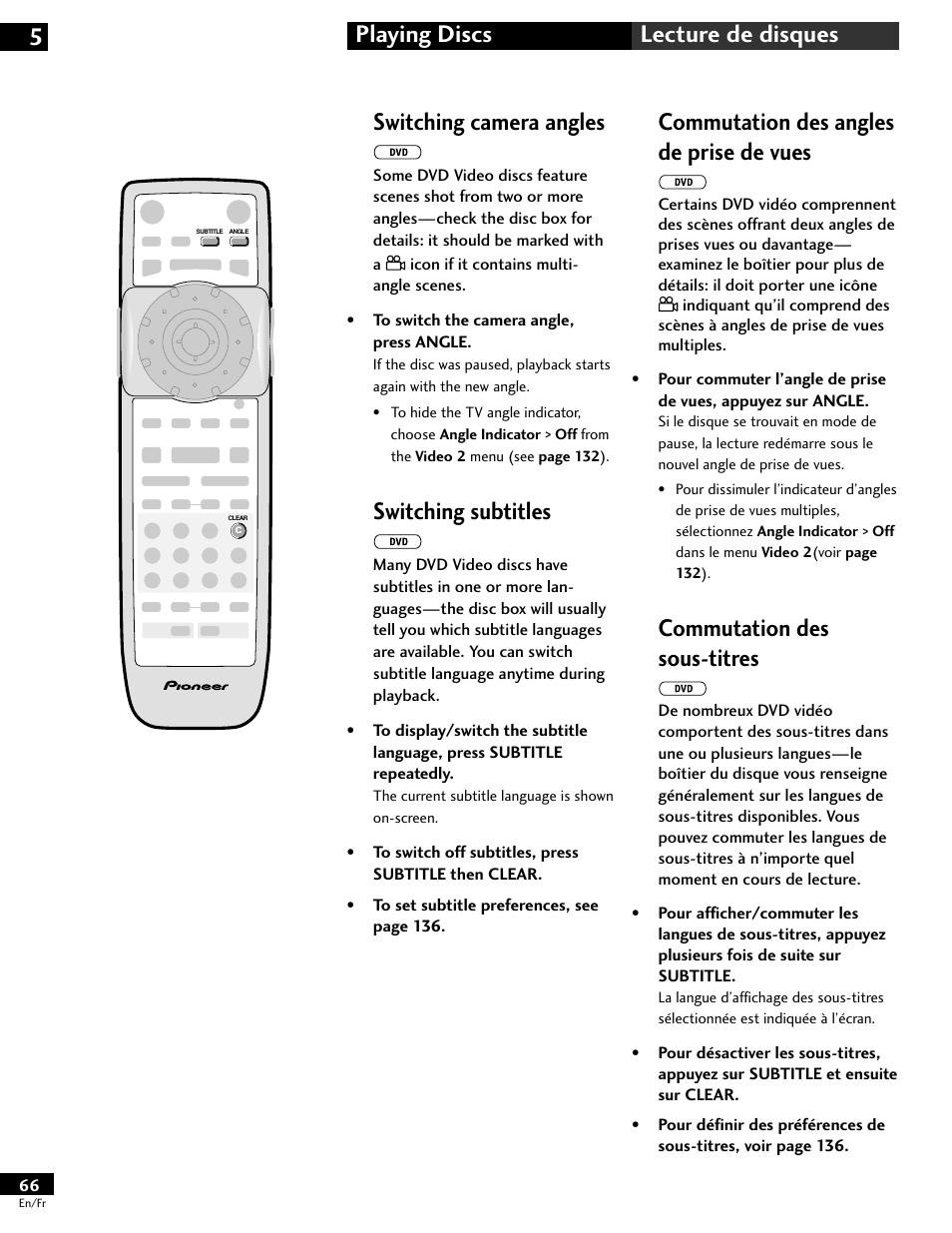 Switching camera angles, Switching subtitles, Commutation des angles de prise de vues | Commutation des sous-titres, Playing discs 5 lecture de disques | Pioneer DV-646A User Manual | Page 66 / 180