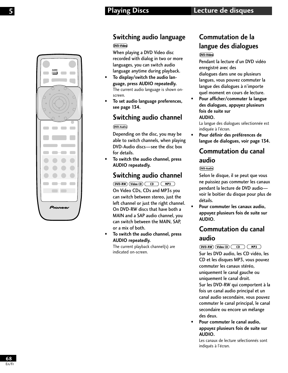 Switching audio language, Switching audio channel (dvd-audio), Switching audio channel (dvd-rw/video cd/cd/mp3) | Commutation de la langue des dialogues, Commutation du canal audio (dvd-audio), Commutation du canal audio, Switching audio channel | Pioneer DV-646A User Manual | Page 68 / 180