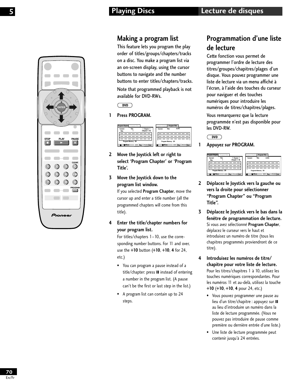 Making a program list, Programmation d’une liste de lecture, Playing discs 5 lecture de disques | Pioneer DV-646A User Manual | Page 70 / 180