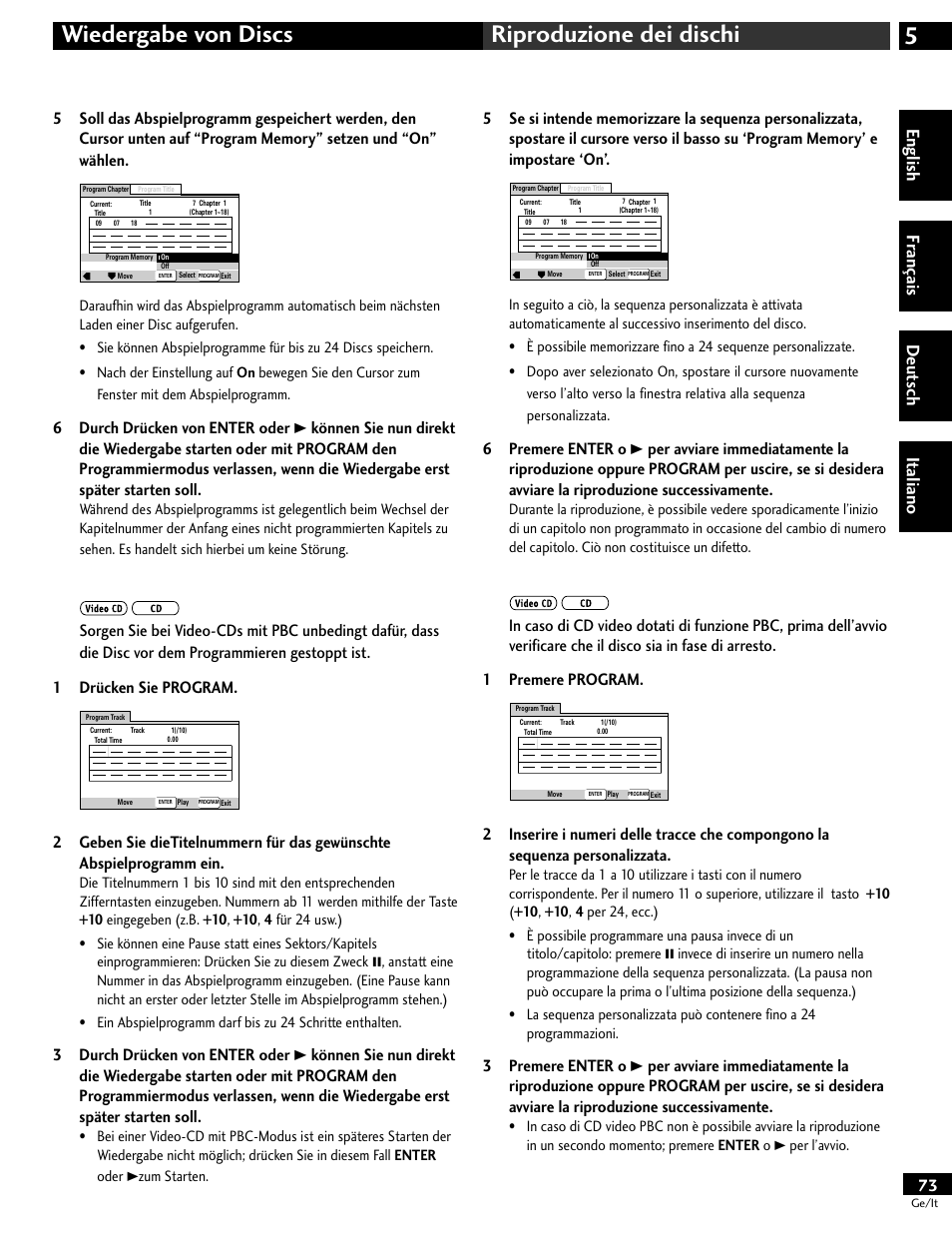 5wiedergabe von discs riproduzione dei dischi, English fr ançais deut sch it aliano | Pioneer DV-646A User Manual | Page 73 / 180