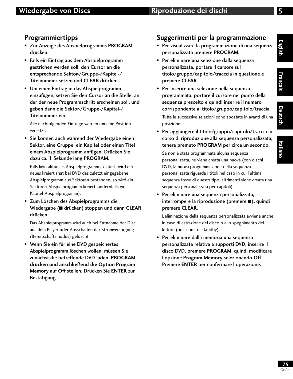 Programmiertipps, Suggerimenti per la programmazione, 5wiedergabe von discs riproduzione dei dischi | Pioneer DV-646A User Manual | Page 75 / 180