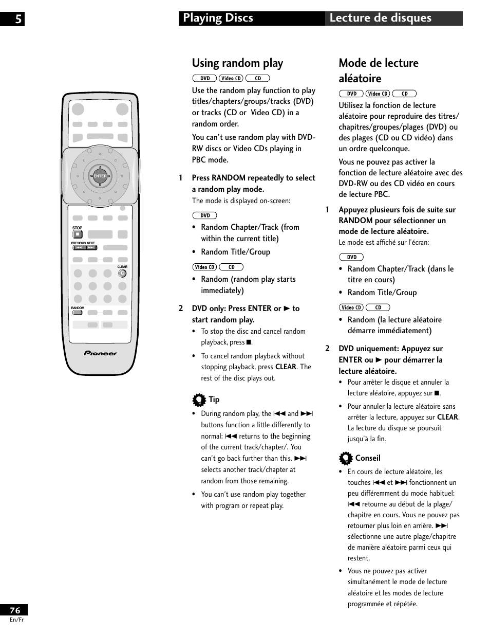 Using random play, Mode de lecture aléatoire, Playing discs 5 lecture de disques | Pioneer DV-646A User Manual | Page 76 / 180