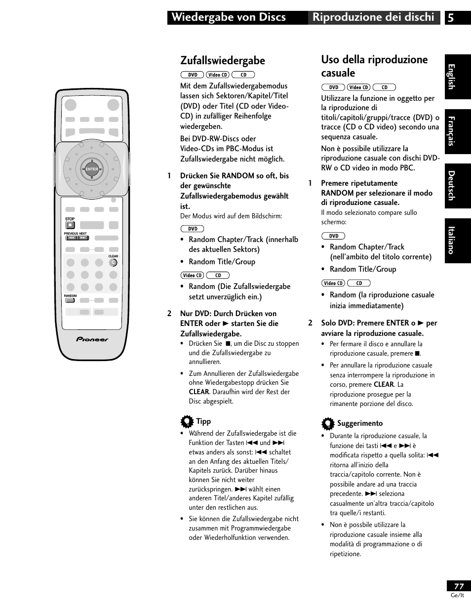 Zufallswiedergabe, Uso della riproduzione casuale, 5wiedergabe von discs riproduzione dei dischi | Pioneer DV-646A User Manual | Page 77 / 180