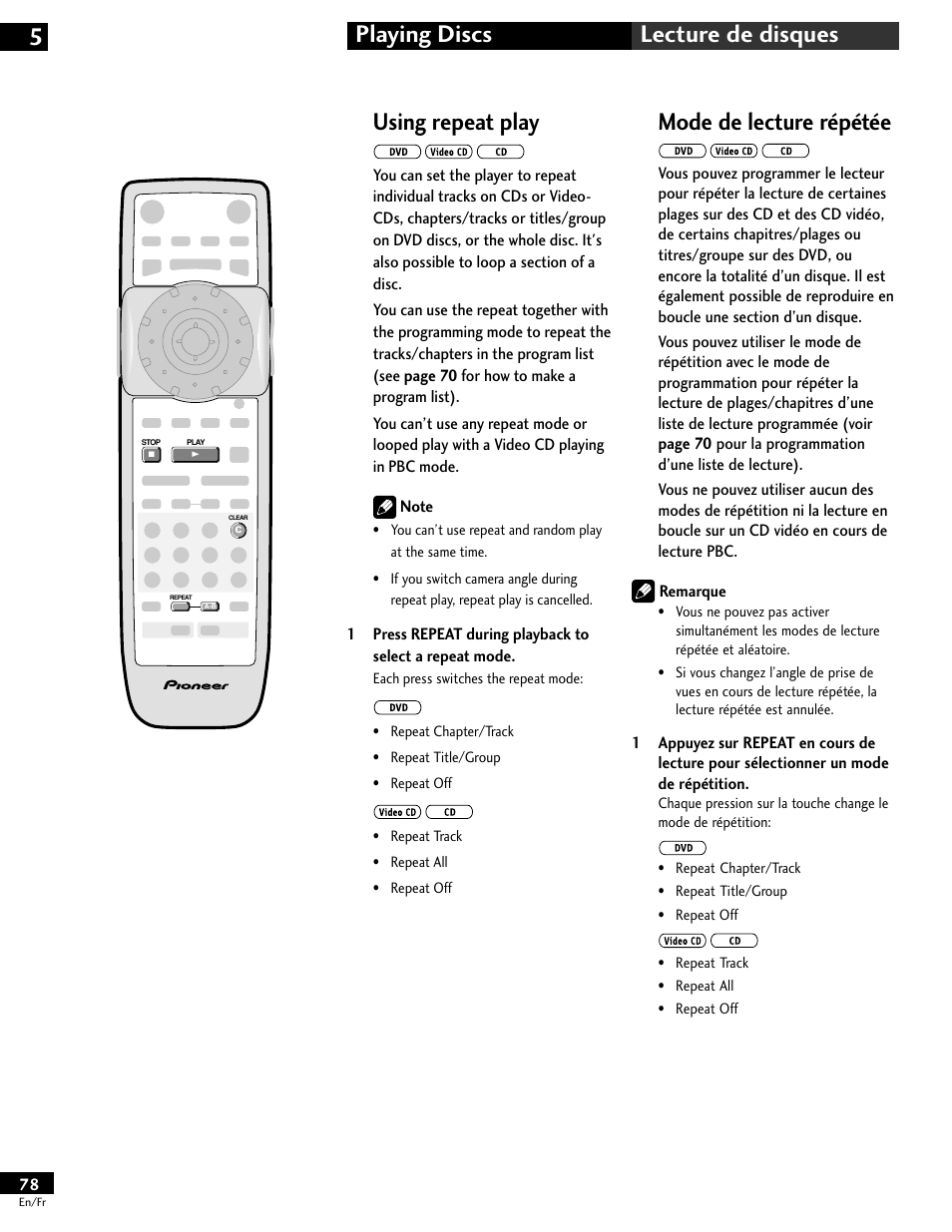 Using repeat play, Mode de lecture répétée, Playing discs 5 lecture de disques | Pioneer DV-646A User Manual | Page 78 / 180