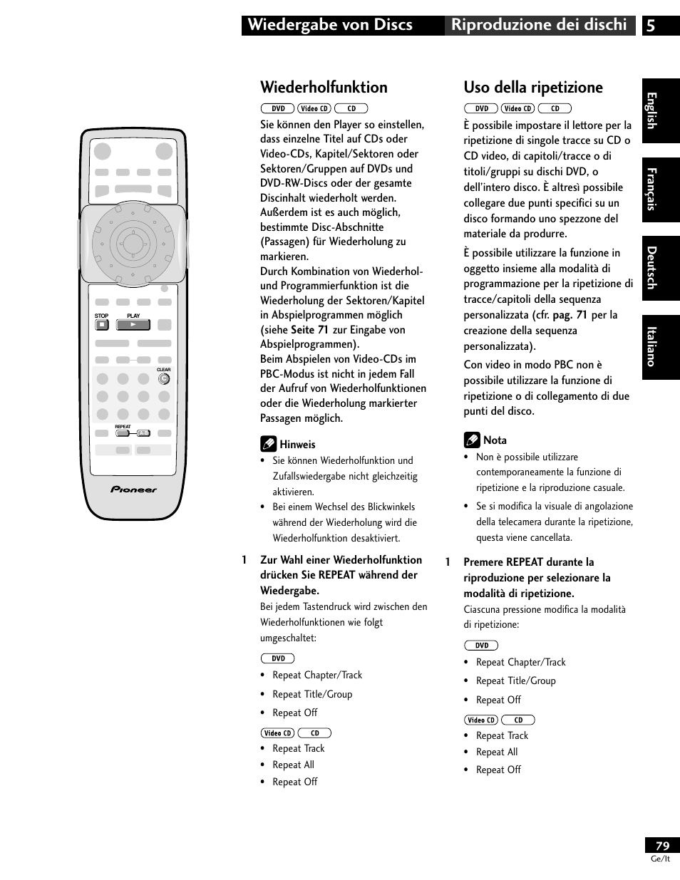 Wiederholfunktion, Uso della ripetizione, 5wiedergabe von discs riproduzione dei dischi | Pioneer DV-646A User Manual | Page 79 / 180