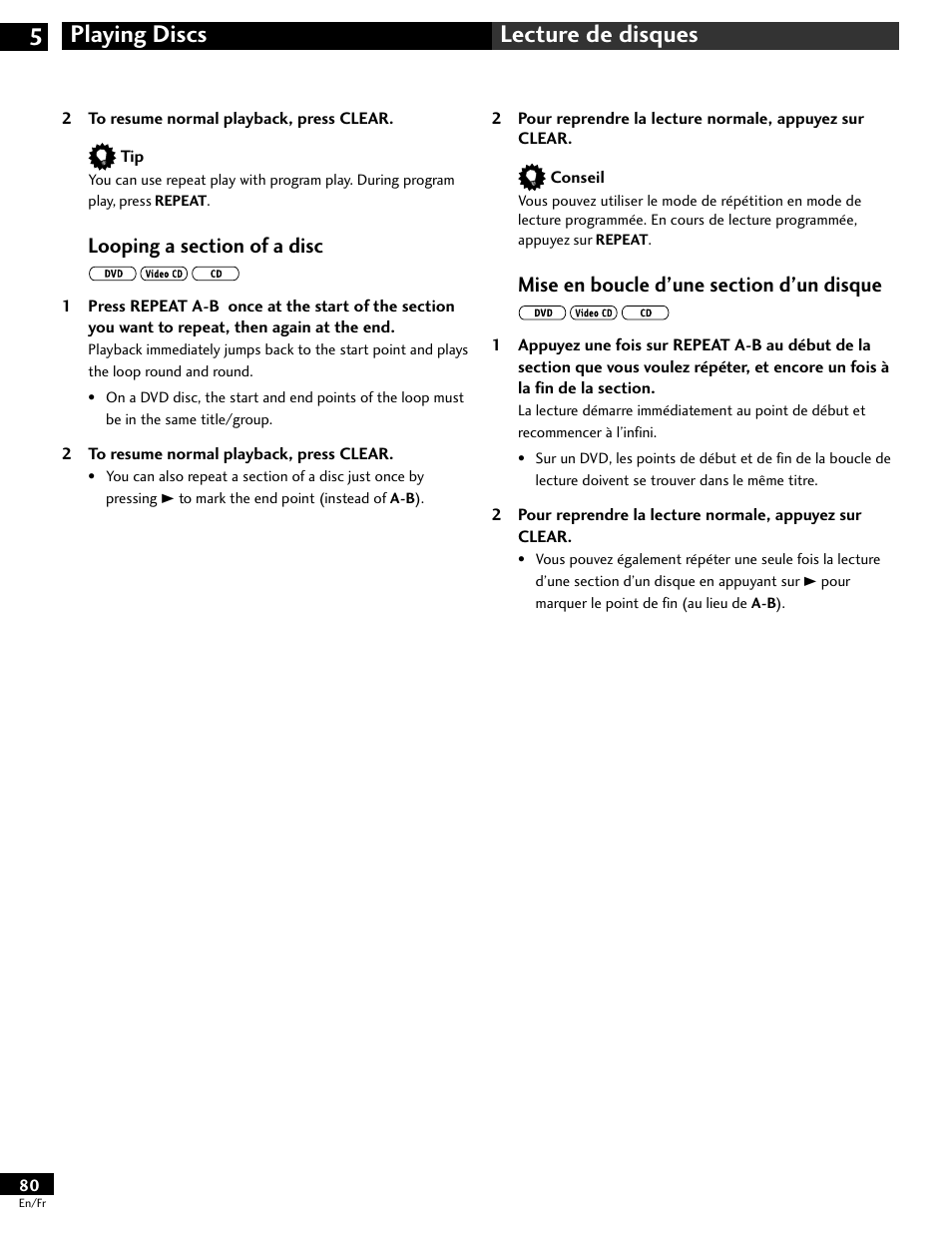 Playing discs 5 lecture de disques | Pioneer DV-646A User Manual | Page 80 / 180