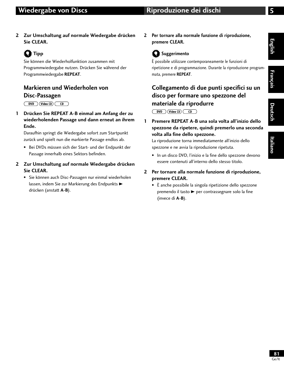 5wiedergabe von discs riproduzione dei dischi, Markieren und wiederholen von disc-passagen | Pioneer DV-646A User Manual | Page 81 / 180