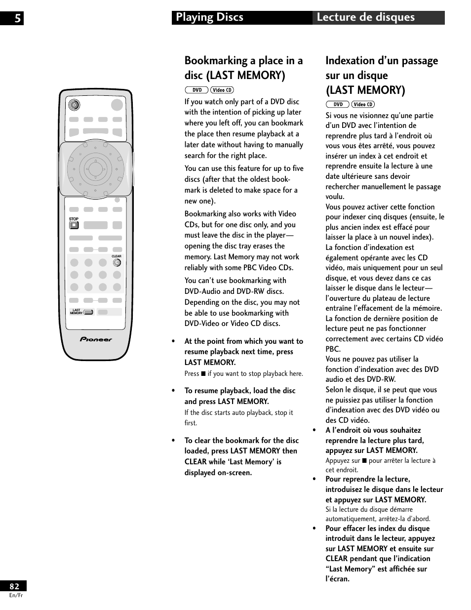 Bookmarking a place in a disc (last memory), Indexation d’un passage sur un disque (lastmemory), Playing discs 5 lecture de disques | Pioneer DV-646A User Manual | Page 82 / 180