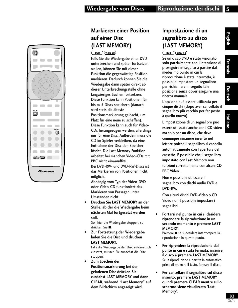 5wiedergabe von discs riproduzione dei dischi | Pioneer DV-646A User Manual | Page 83 / 180