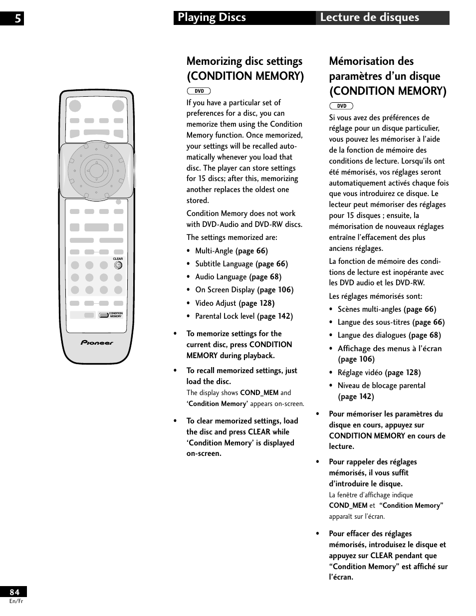 Memorizing disc settings (condition memory), Playing discs 5 lecture de disques | Pioneer DV-646A User Manual | Page 84 / 180