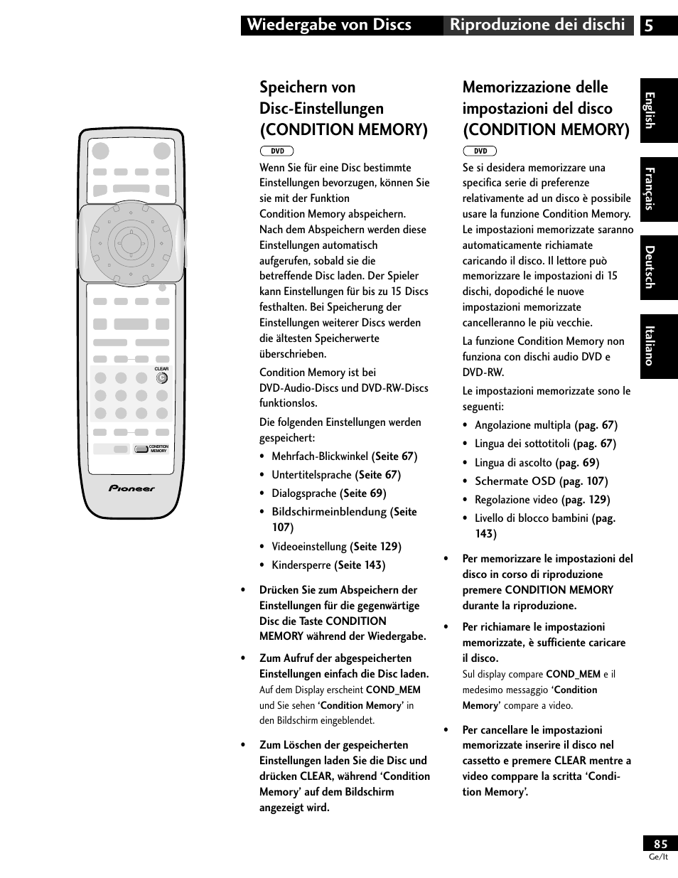 5wiedergabe von discs riproduzione dei dischi | Pioneer DV-646A User Manual | Page 85 / 180