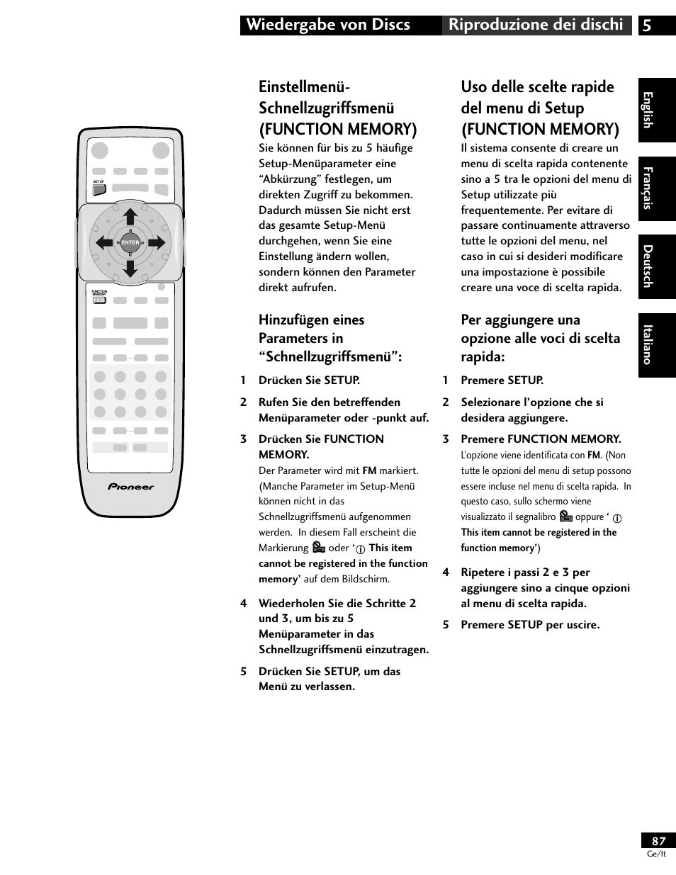 Einstellmenü-schnellzugriffsmenü (function memory), 5wiedergabe von discs riproduzione dei dischi | Pioneer DV-646A User Manual | Page 87 / 180