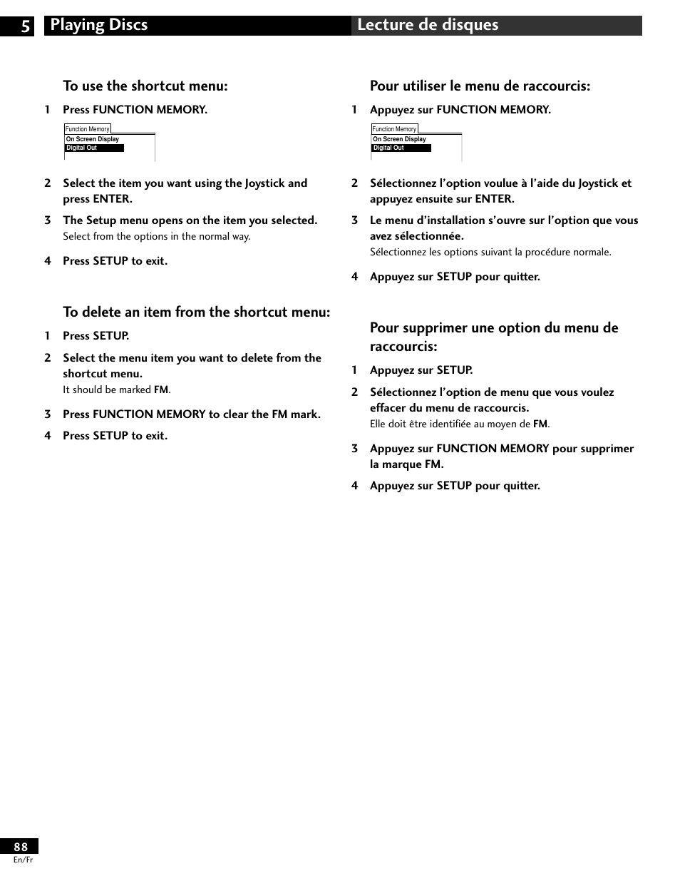 Playing discs 5 lecture de disques, Pour utiliser le menu de raccourcis, Pour supprimer une option du menu de raccourcis | Pioneer DV-646A User Manual | Page 88 / 180