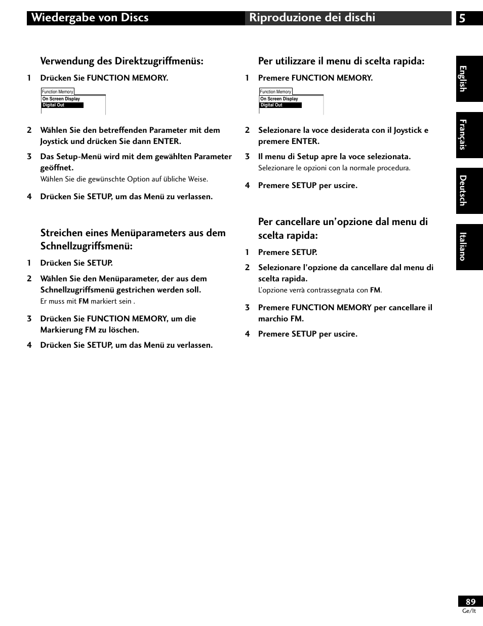 5wiedergabe von discs riproduzione dei dischi, Verwendung des direktzugriffmenüs, Per utilizzare il menu di scelta rapida | Pioneer DV-646A User Manual | Page 89 / 180