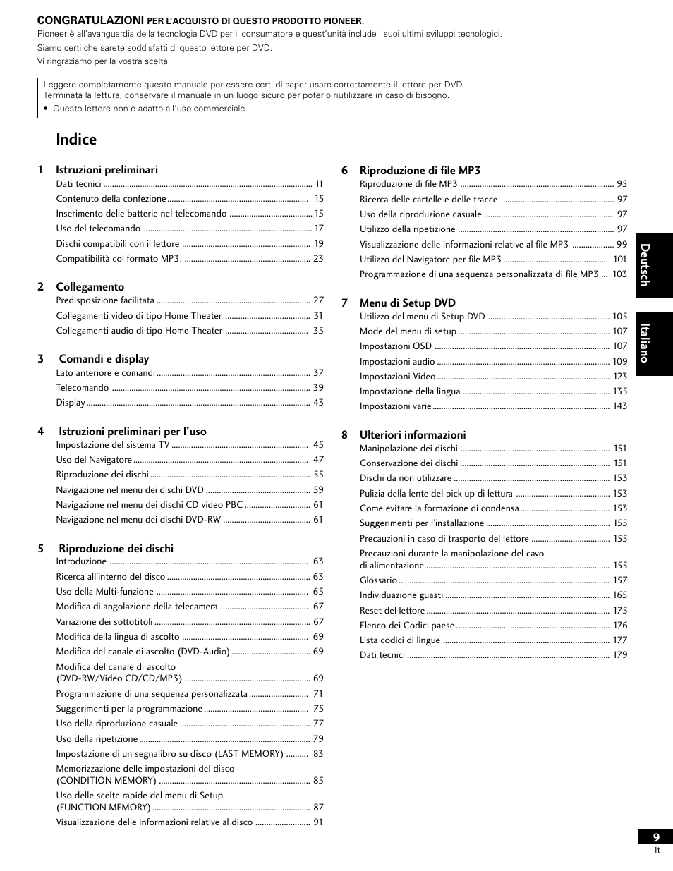 Indice | Pioneer DV-646A User Manual | Page 9 / 180