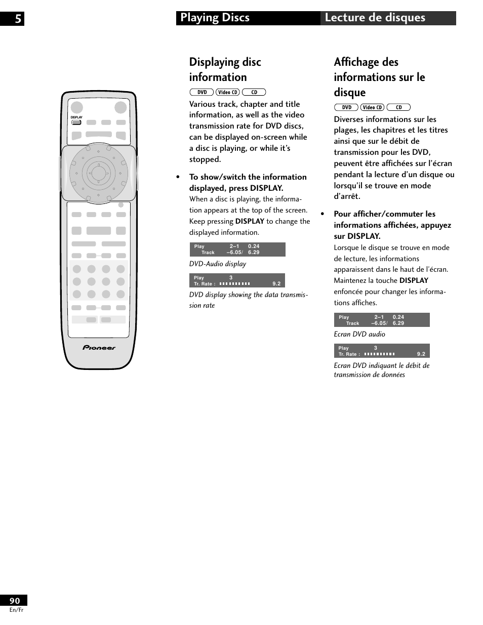 Displaying disc information, Affichage des informations sur le disque, Playing discs 5 lecture de disques | Pioneer DV-646A User Manual | Page 90 / 180