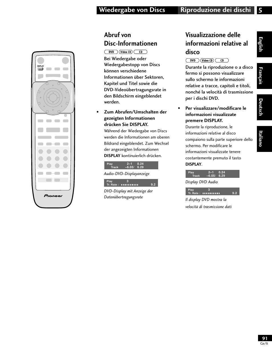 Abruf von disc-informationen, 5wiedergabe von discs riproduzione dei dischi, English fr ançais deut sch it aliano | Pioneer DV-646A User Manual | Page 91 / 180