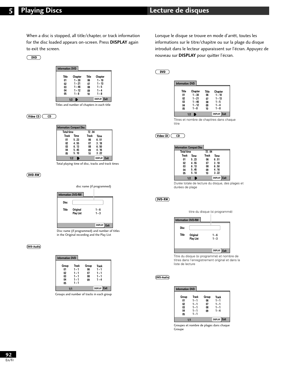 Playing discs 5 lecture de disques | Pioneer DV-646A User Manual | Page 92 / 180