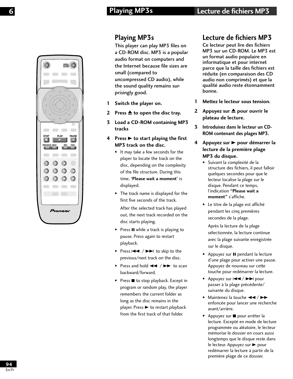 Playing mp3s, Lecture de fichiers mp3, Playing mp3s 6 lecture de fichiers mp3 | Pioneer DV-646A User Manual | Page 94 / 180