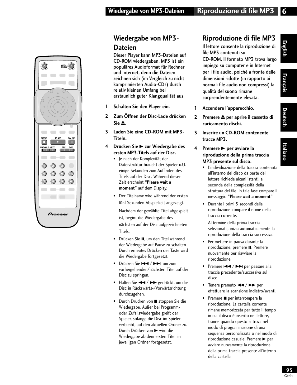 Wiedergabe von mp3-dateien, Riproduzione di file mp3, Wiedergabe von mp3- dateien | English fr ançais deut sch it aliano | Pioneer DV-646A User Manual | Page 95 / 180