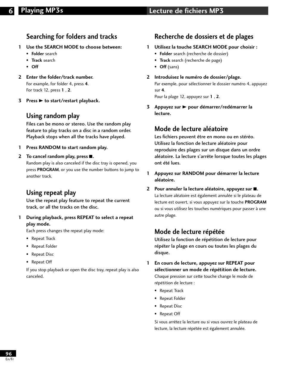 Searching for folders and tracks, Using random play, Using repeat play | Recherche de dossiers et de plages, Mode de lecture aléatoire, Mode de lecture répétée | Pioneer DV-646A User Manual | Page 96 / 180