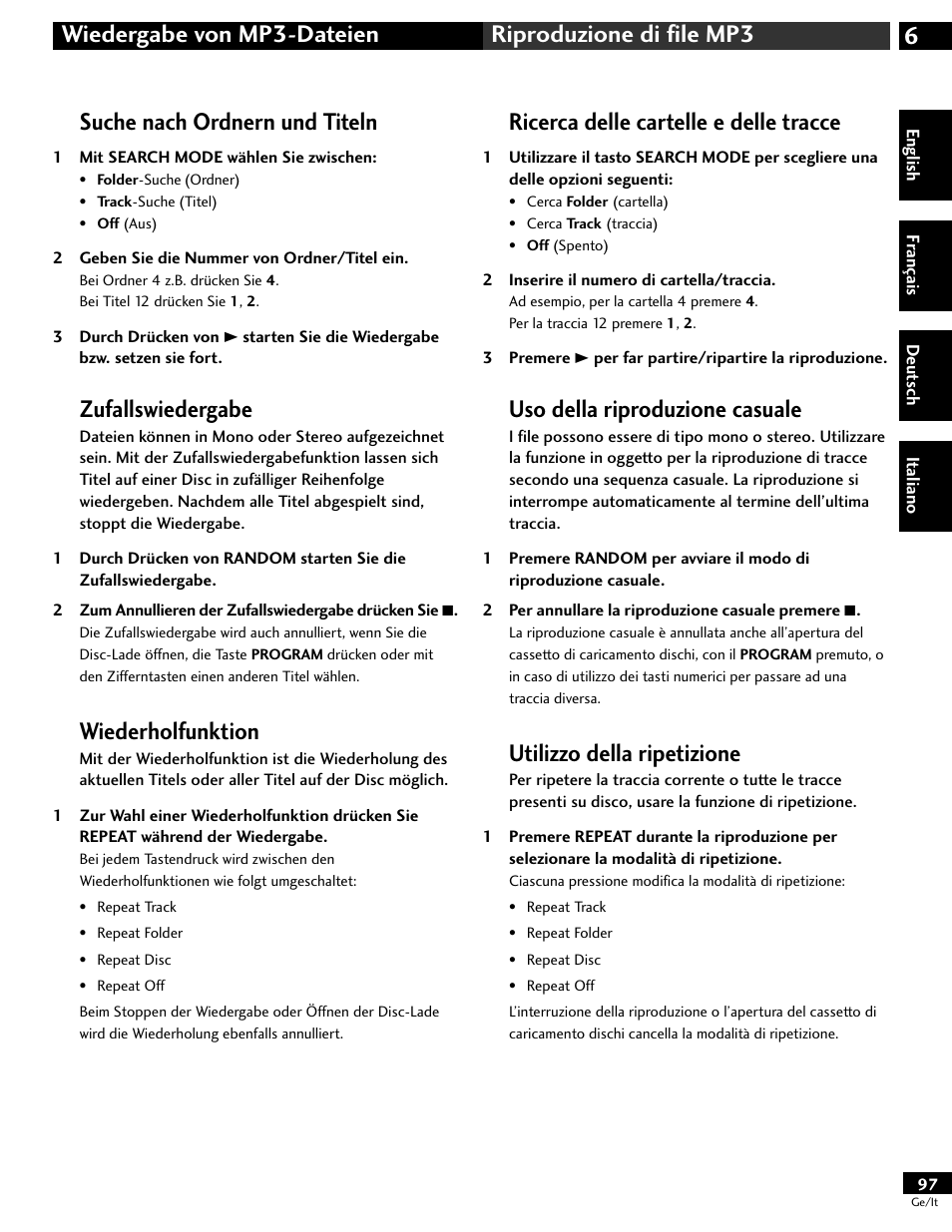 Suche nach ordnern und titeln, Zufallswiedergabe, Wiederholfunktion | Ricerca delle cartelle e delle tracce, Uso della riproduzione casuale, Utilizzo della ripetizione | Pioneer DV-646A User Manual | Page 97 / 180