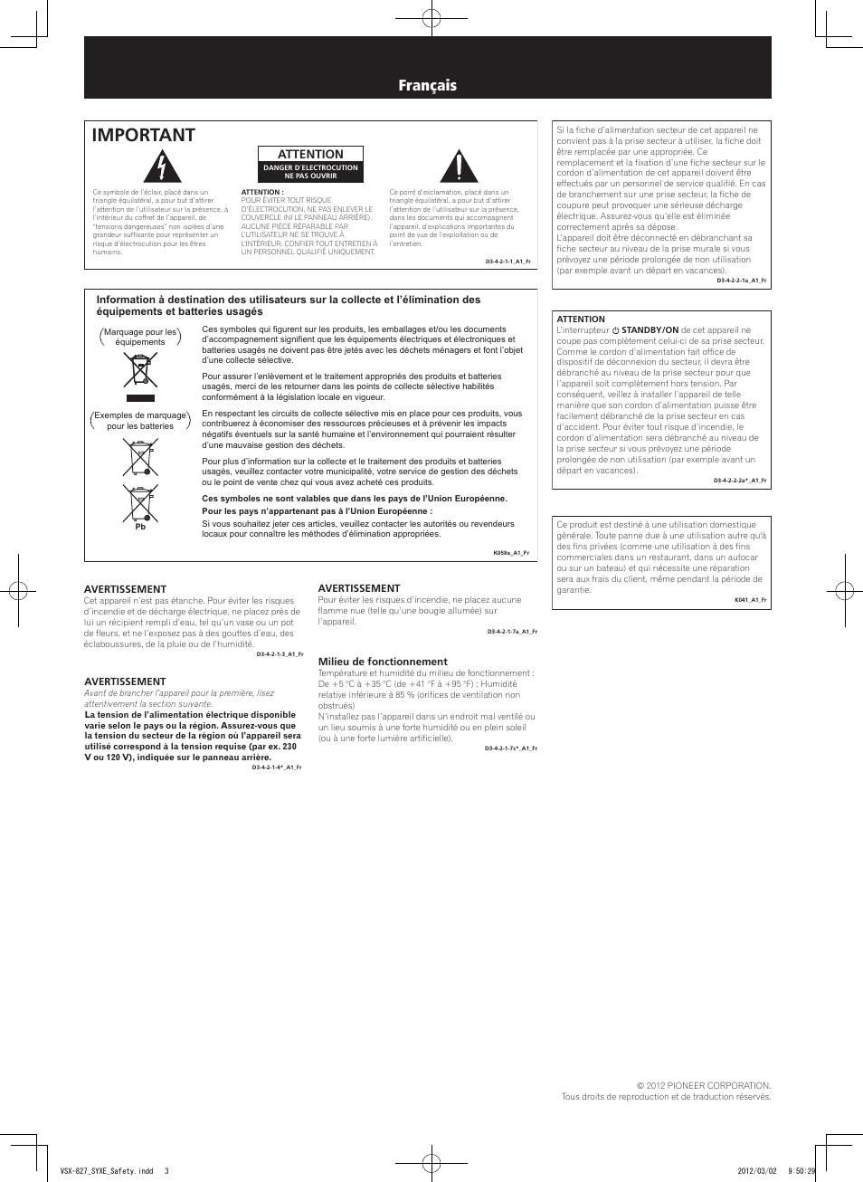 Instructions de sécurité, Amplificateur av, Important | Français, Attention | Pioneer VSX-422-S User Manual | Page 3 / 8