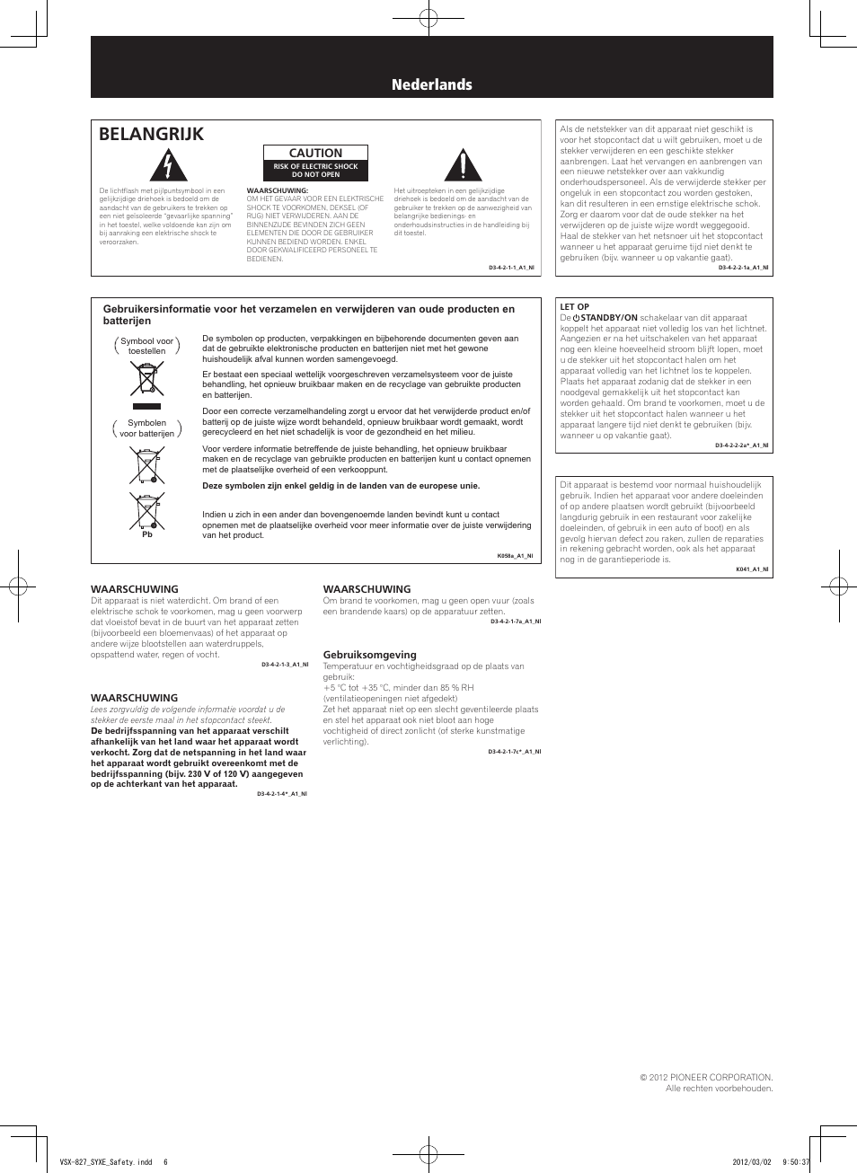 Folder veiligheid, Av receiver, Belangrijk | Nederlands, Caution | Pioneer VSX-422-S User Manual | Page 6 / 8