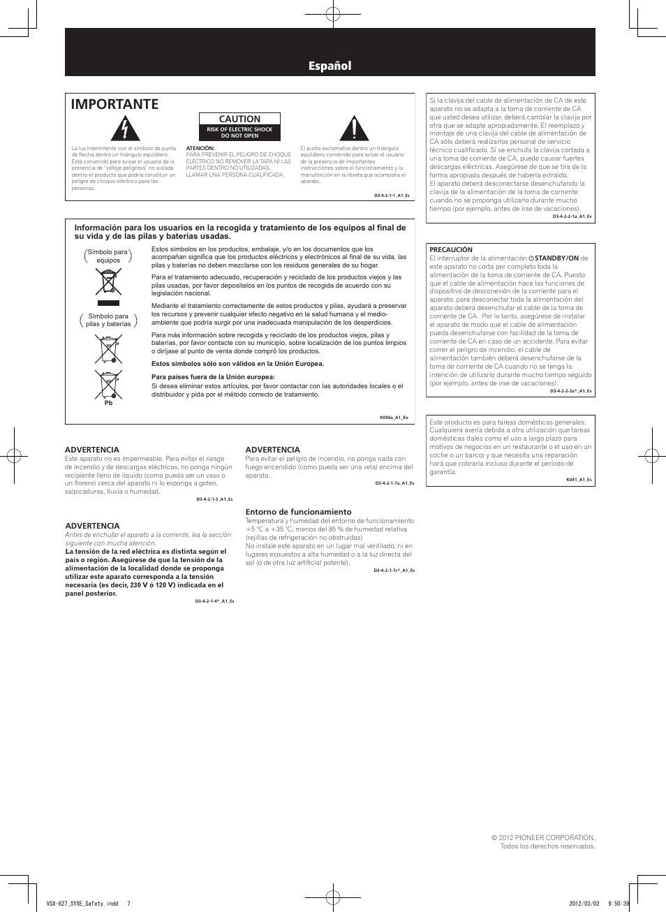 Folleto de seguridad, Receptor av, Importante | Español, Caution | Pioneer VSX-422-S User Manual | Page 7 / 8
