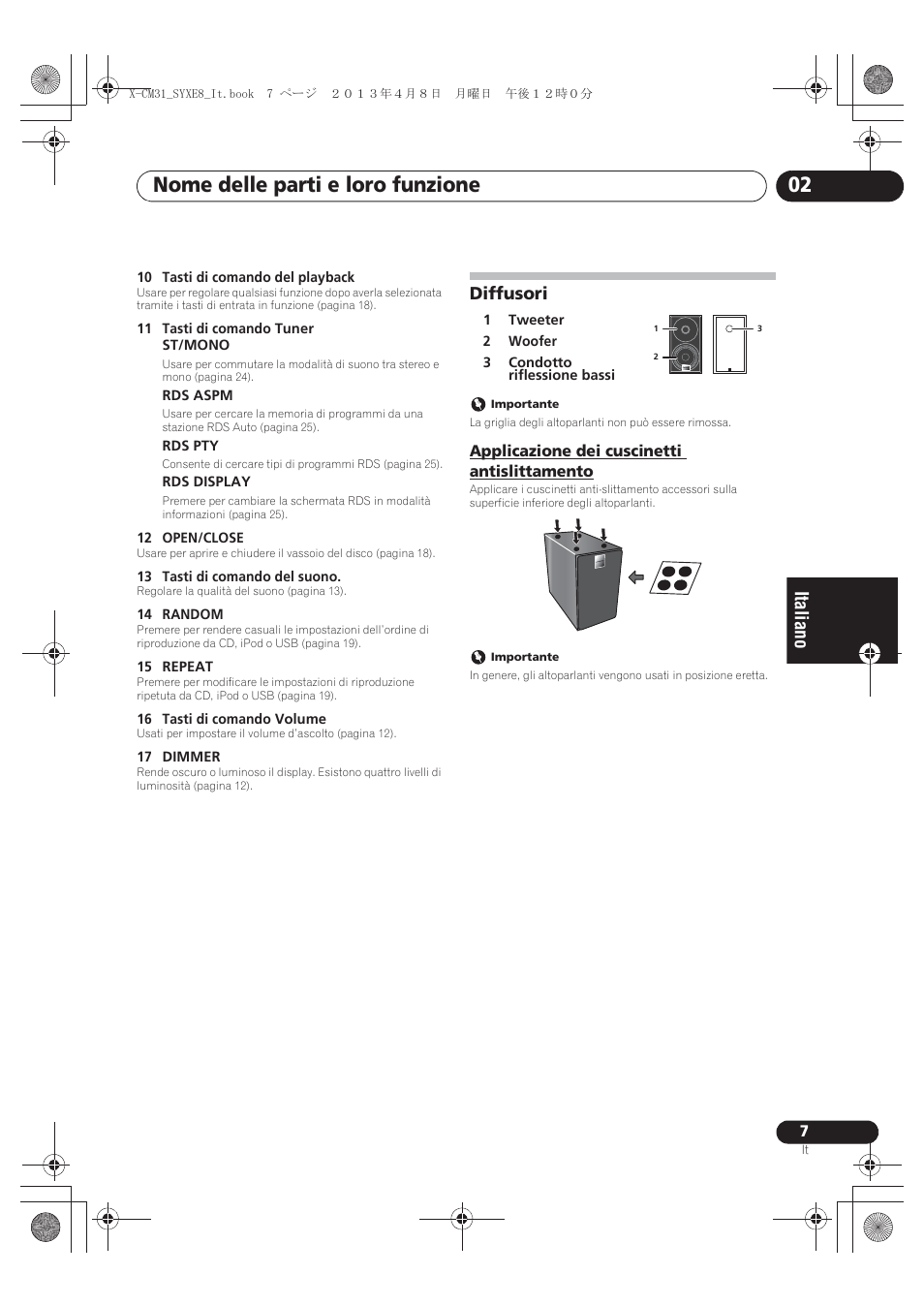 Diffusori, Applicazione dei cuscinetti antislittamento, Nome delle parti e loro funzione 02 | Pioneer X-CM31-W User Manual | Page 103 / 228